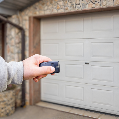 Bloomington security key fob pointing to a garage door